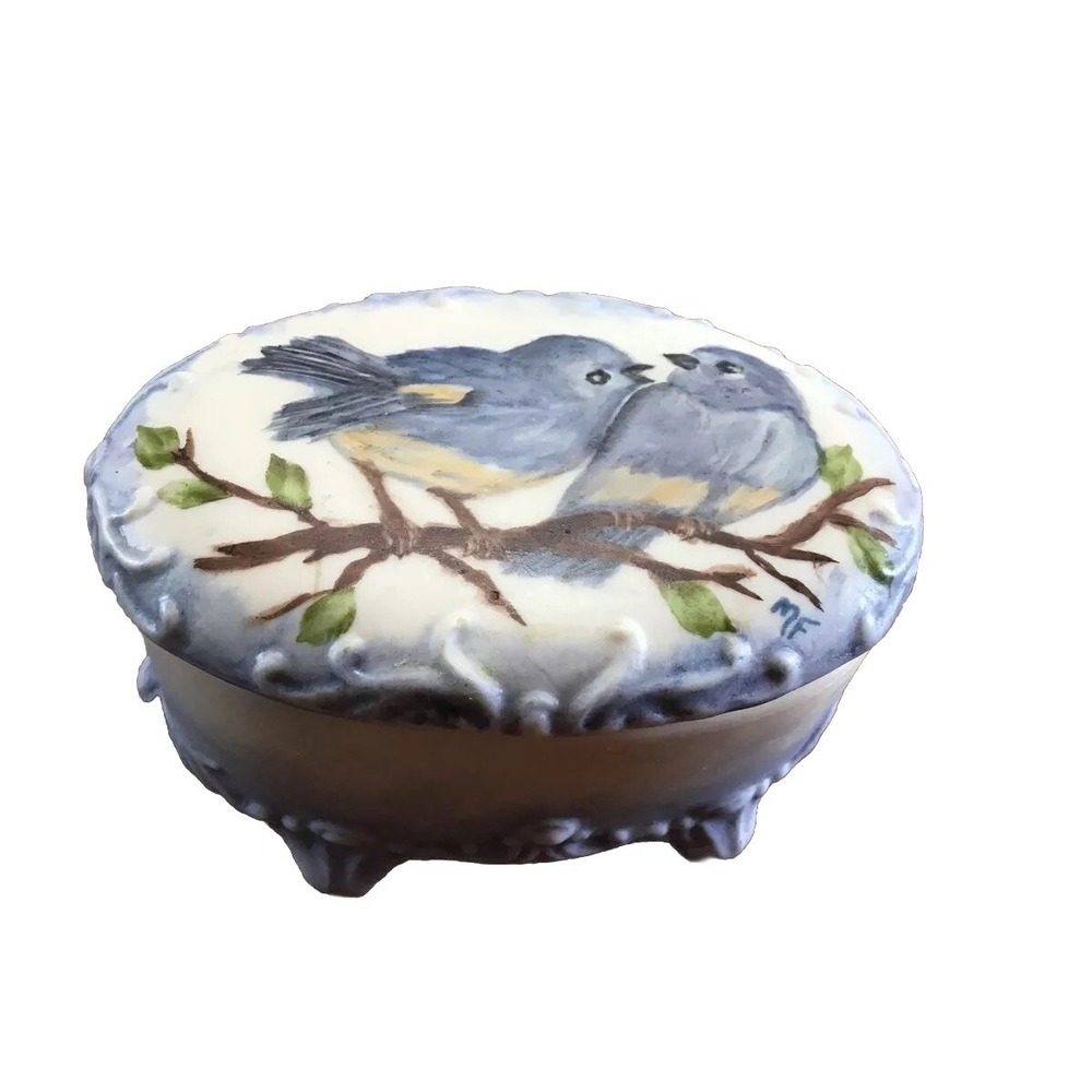 SFA Pottery Trinket Box with Blue Birds Hand painted  Felt lined